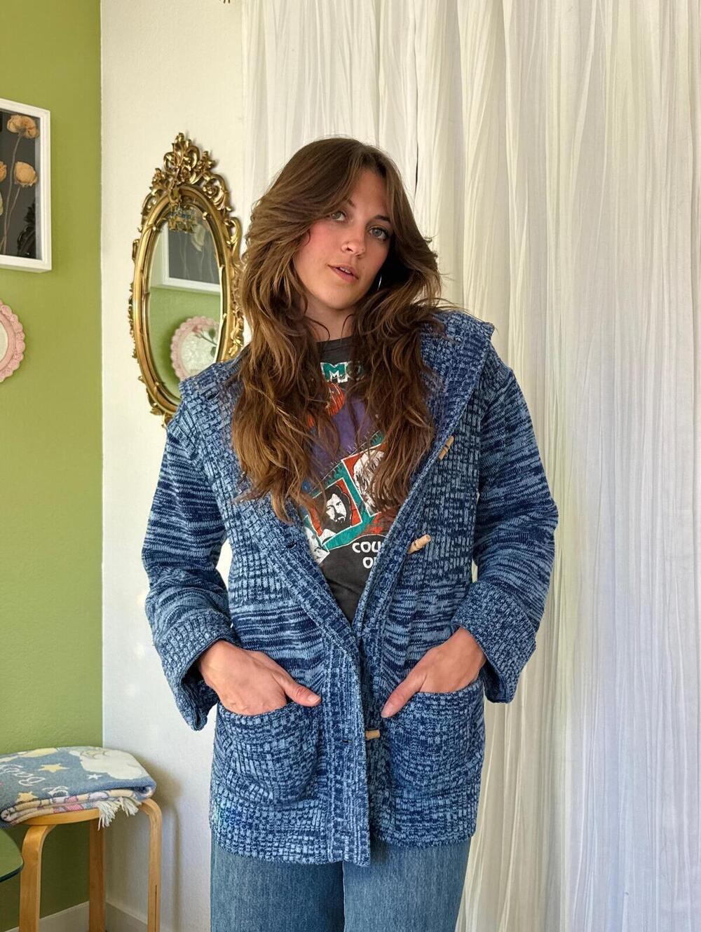 70s Blue Space Dye Hooded Toggle Sweater